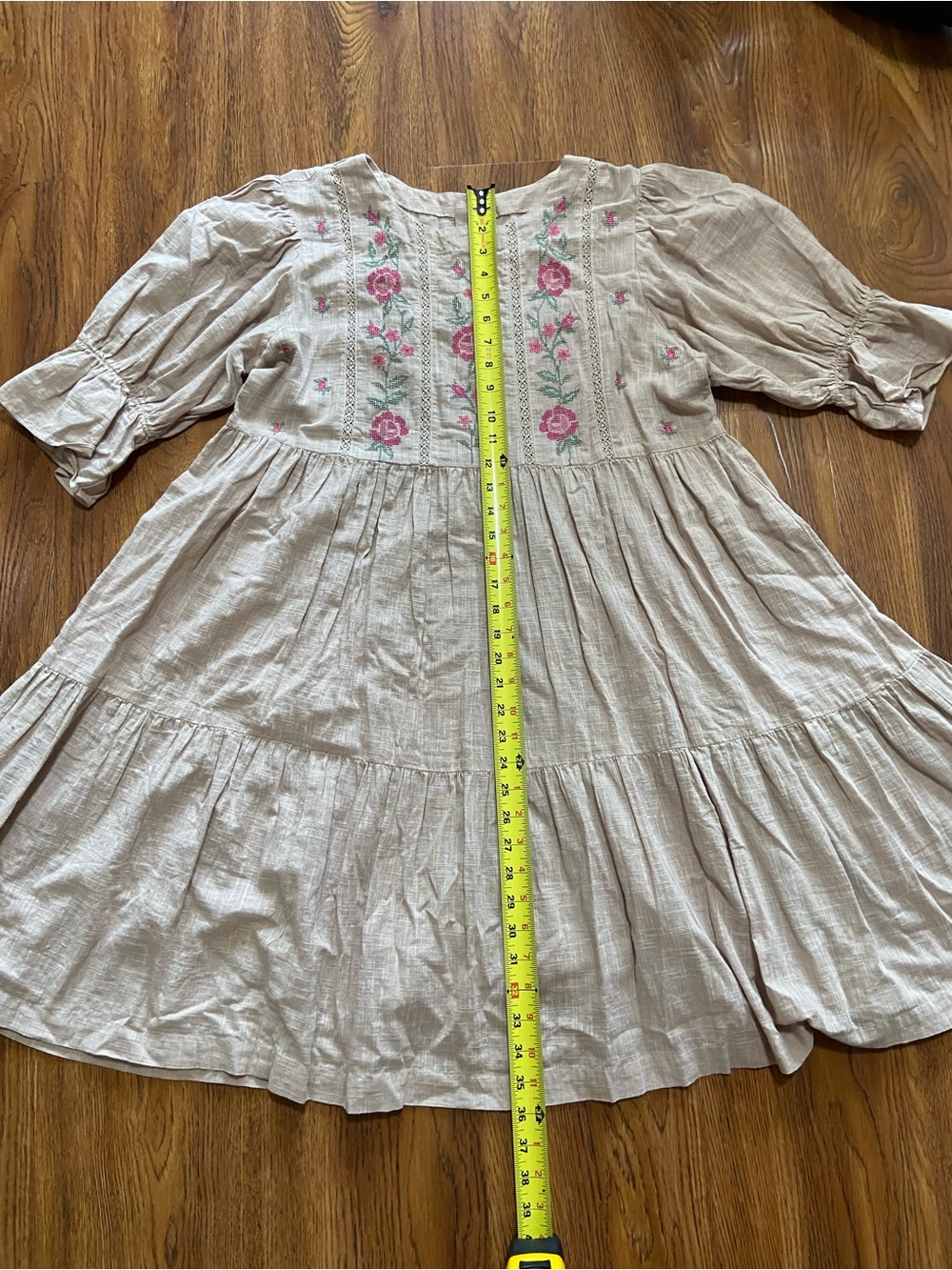 Beige Midi Dress with Pink & Green Floral Embroidery 💯 cotton button back - Picture 8 of 12